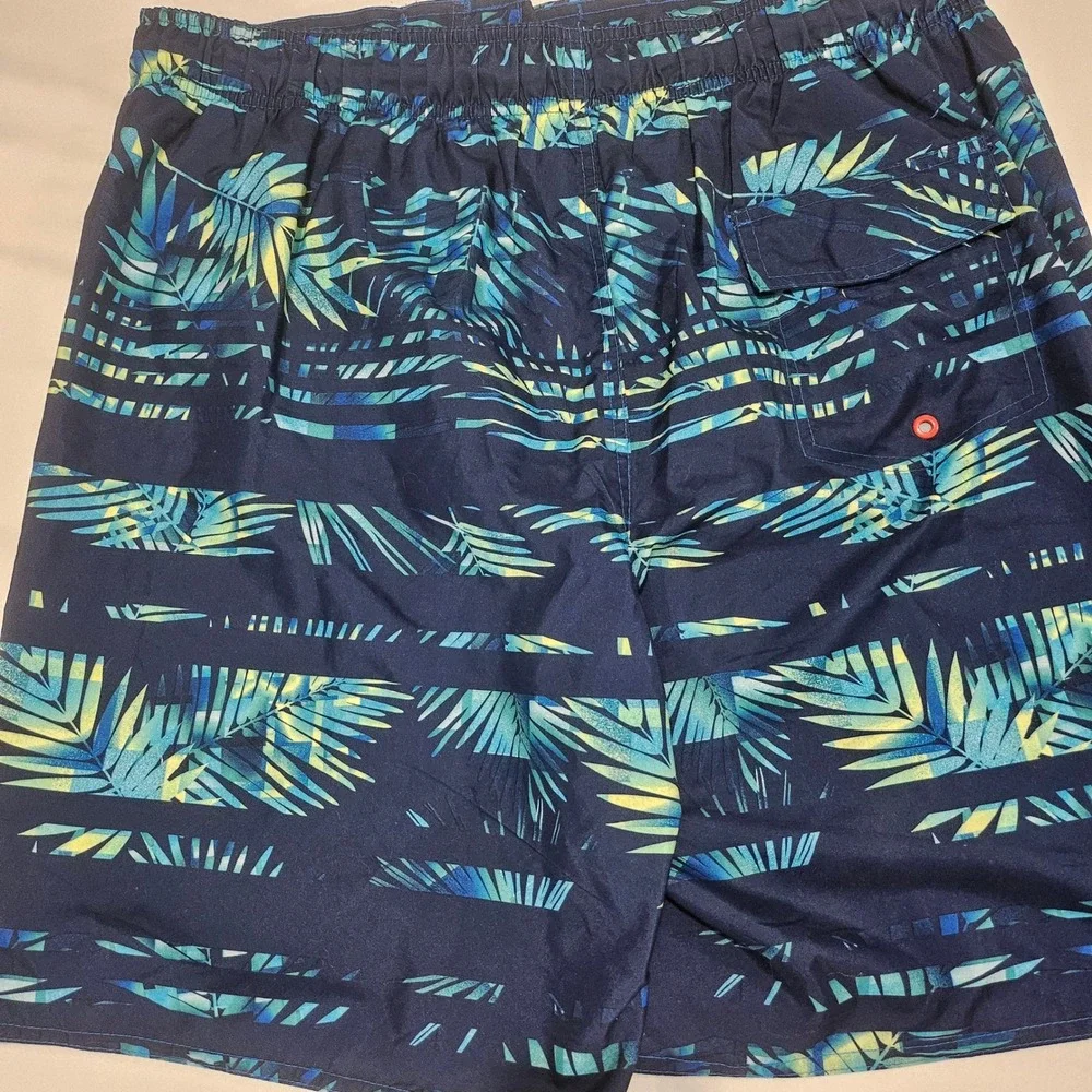 Laguna Mens Tropical Palm Print Swim Trunks Navy Blue Teal Orange Large L81134